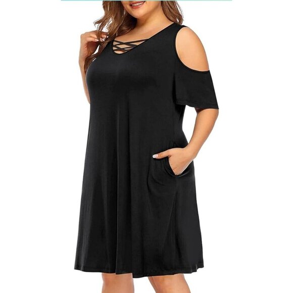 Pinup Fashion Women's S Black Cold Shoulder Mini T-shirt Dress Cross Cross NWT - Picture 2 of 6
